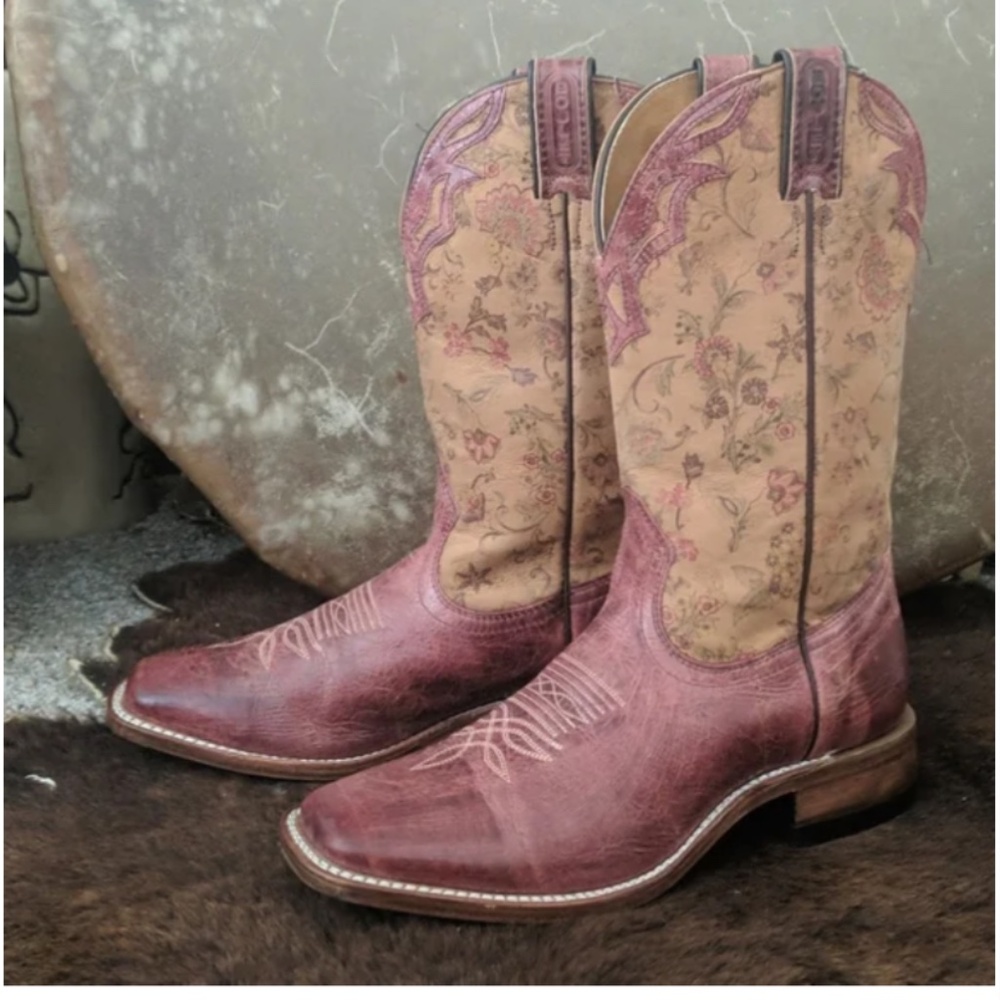 🐎BOULET🐎 #4273 Burgundy & floral tan cowgirl rodeo boots square toe sz 9.5 NEW